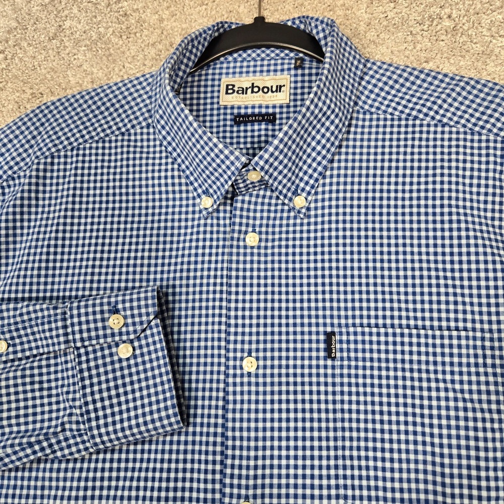 Barbour Blue Gingham Check Button Down Shirt Tailored Fit mens Large Leonard